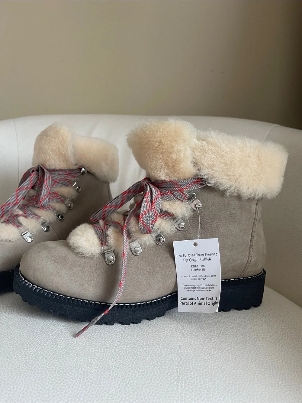 NEW J CREW Nordic Shearling-Lined Taupe Winter Boots with Red Accent Laces